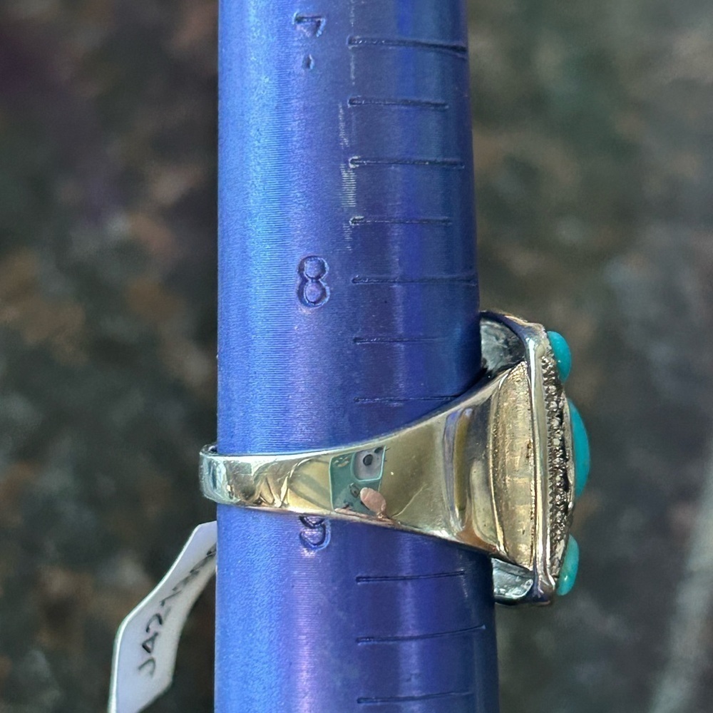Blue and Silver Turquoise Ring with Southwestern Design - Picture 3 of 3